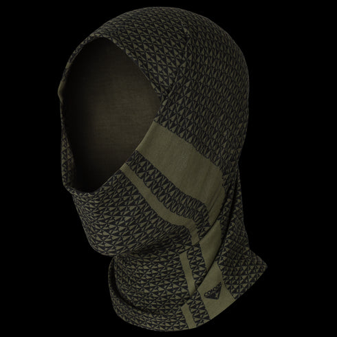 A side view of the Condor Multi Wrap in Condor Logo Olive Drab, featuring a geometric pattern and moisture-wicking fabric that covers head and neck while leaving the face partially exposed.